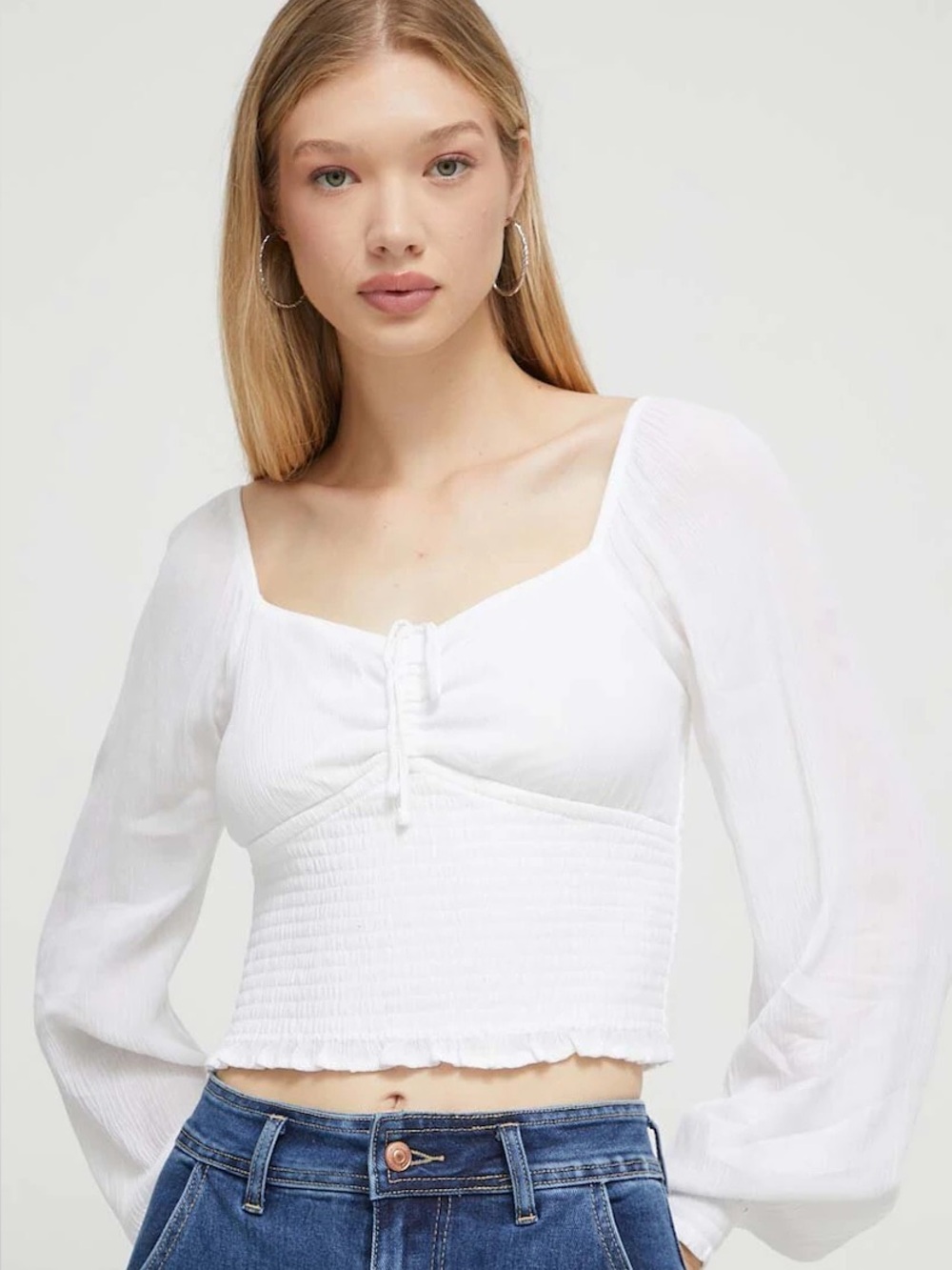 Hollister Long Sleeve White Tie Up Baby Doll Blouse